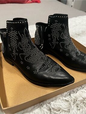 Studded Black Leather Ankle Boots - Women's Western-Inspired Bootie